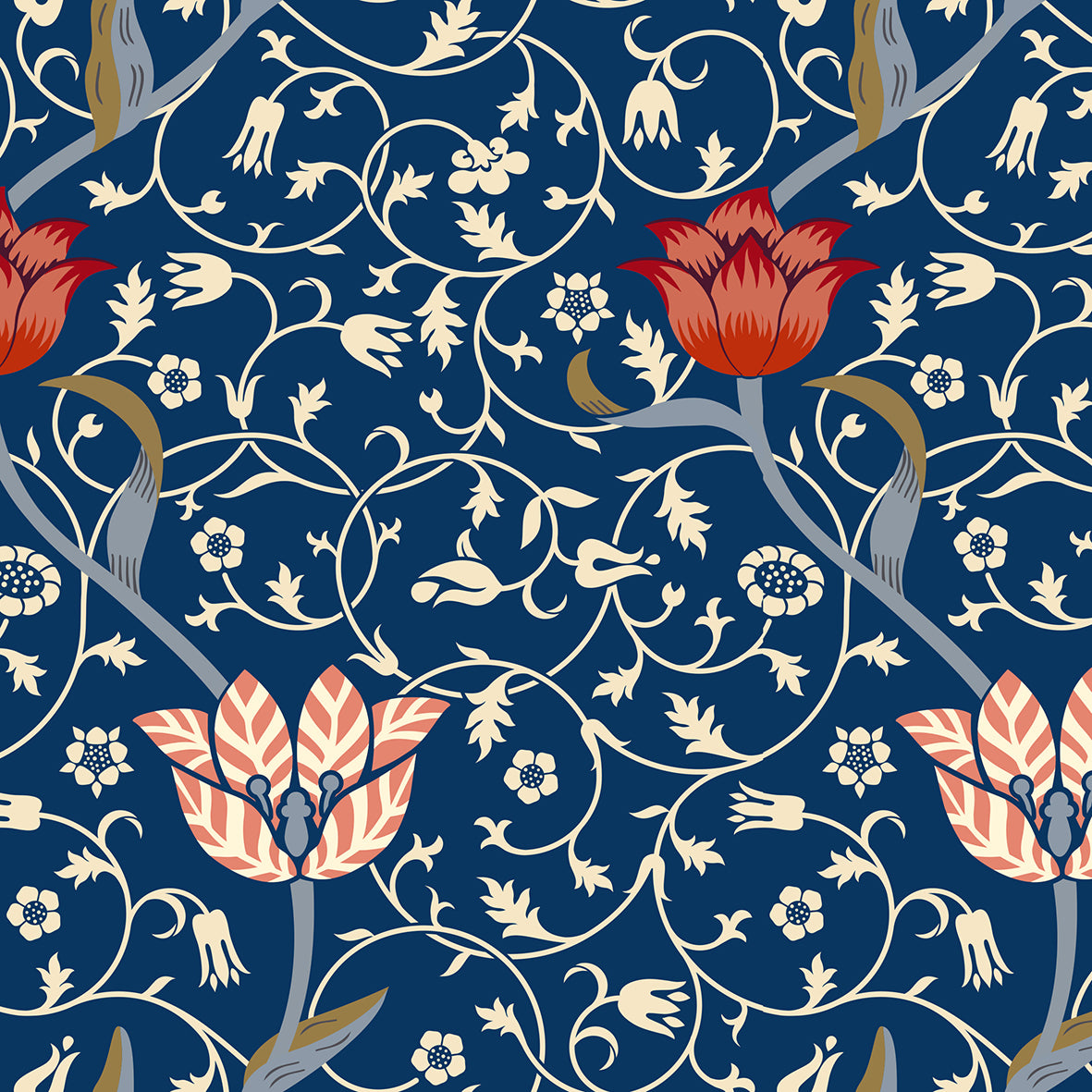 Medway Pattern by William Morris & Co in a floral pattern of red, blue, pink and white