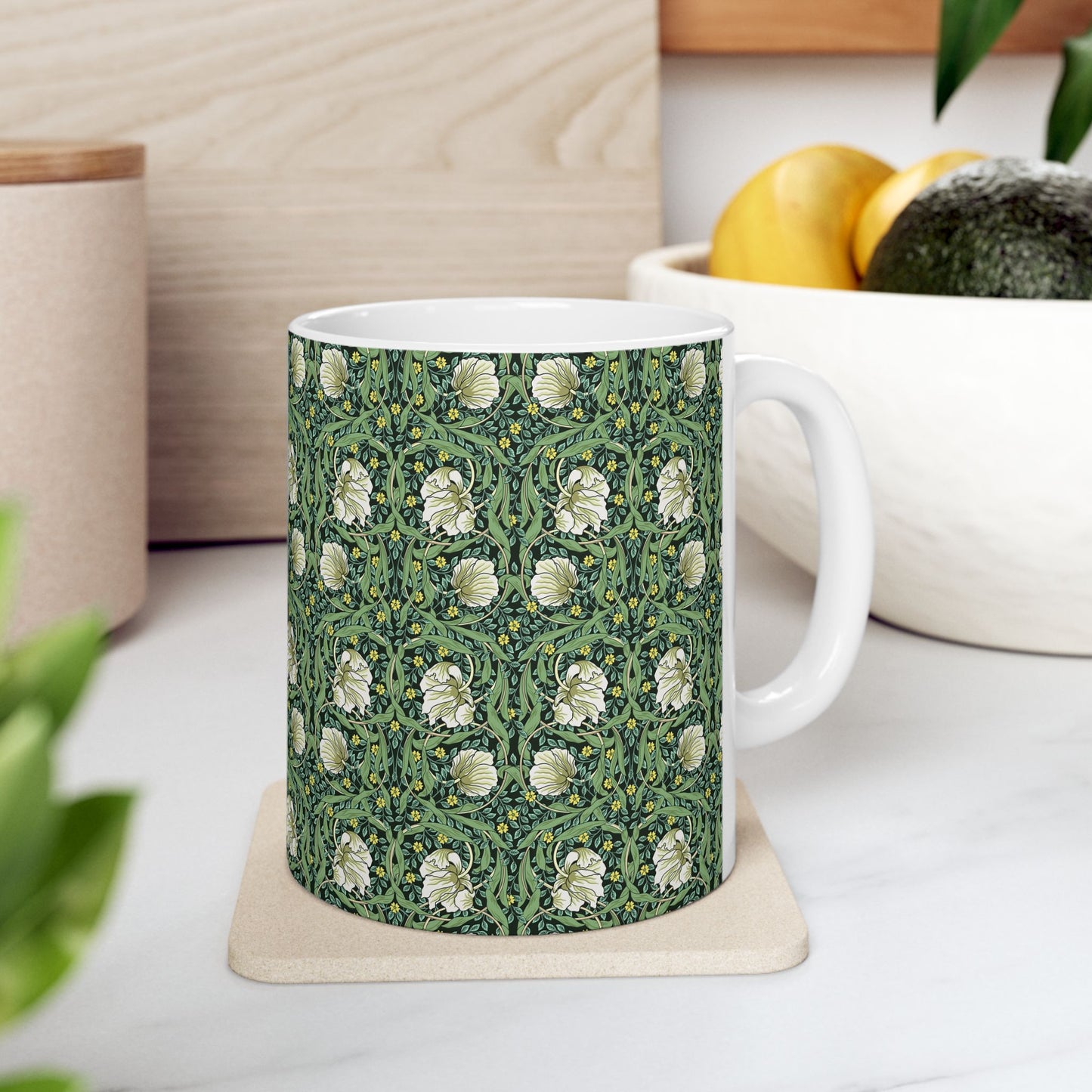 Ceramic Mug in an Arts & Crafts pattern inspired by William Morris & Co called Pimpernel Collection (Green)
