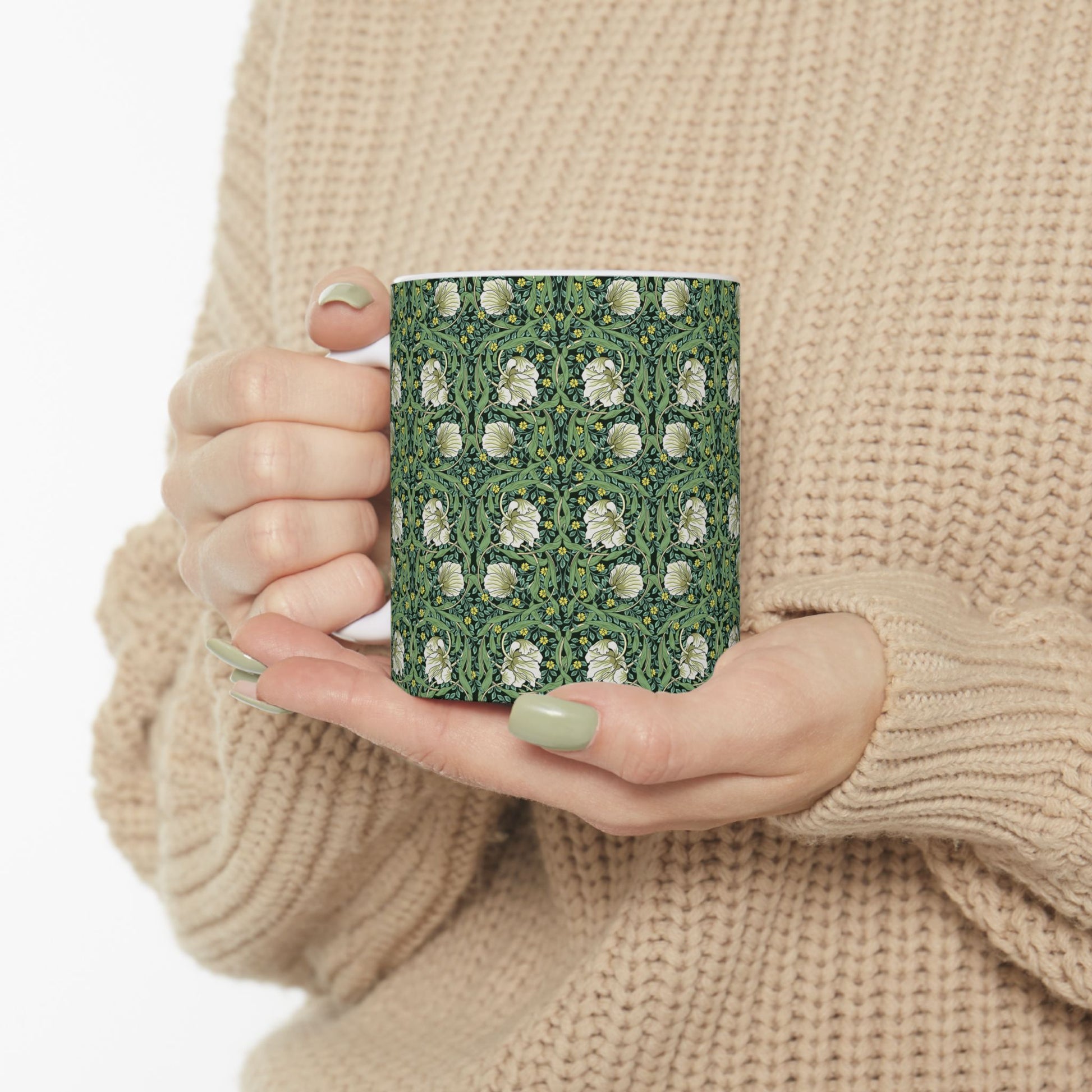 Ceramic Mug in an Arts & Crafts pattern inspired by William Morris & Co called Pimpernel Collection (Green)