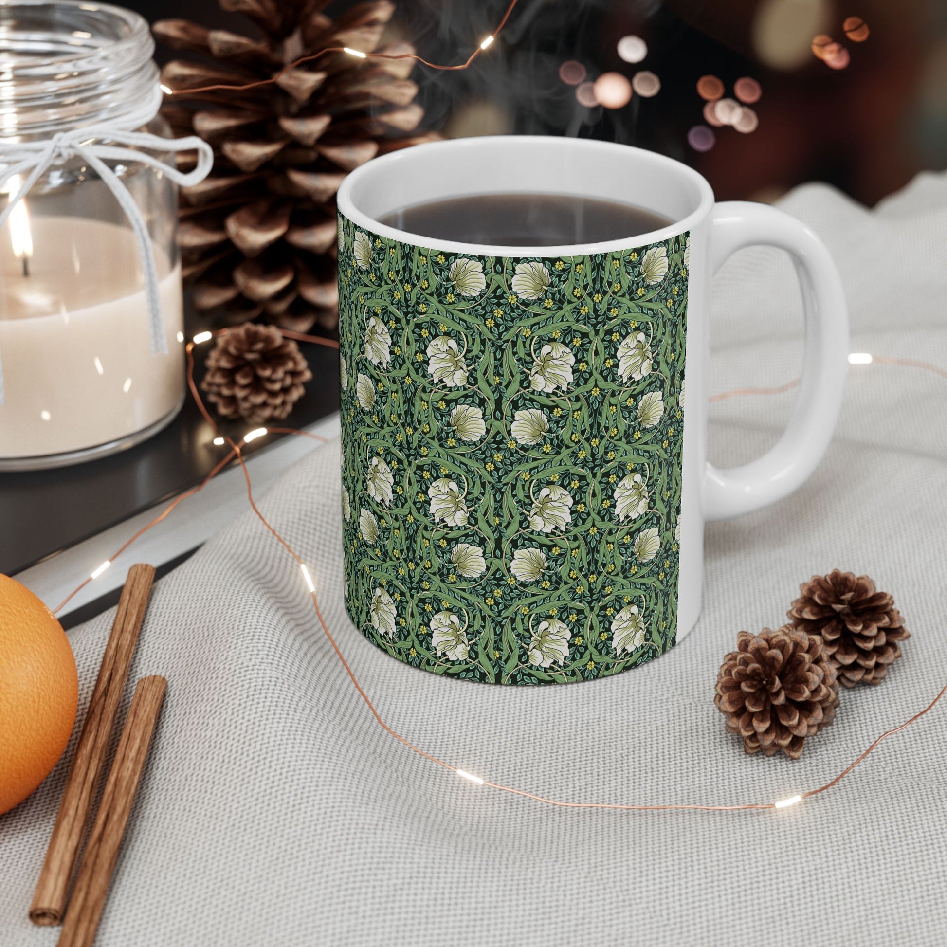 Ceramic Mug in an Arts & Crafts pattern inspired by William Morris & Co called Pimpernel Collection (Green)