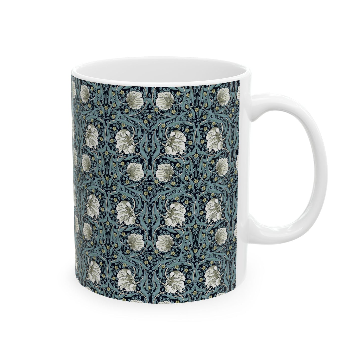 A ceramic mug with a floral pattern inspired by William Morris - Pimpernel Collection in a slate color.