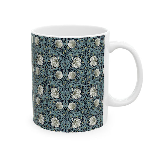 A ceramic mug with a floral pattern inspired by William Morris - Pimpernel Collection in a slate color.