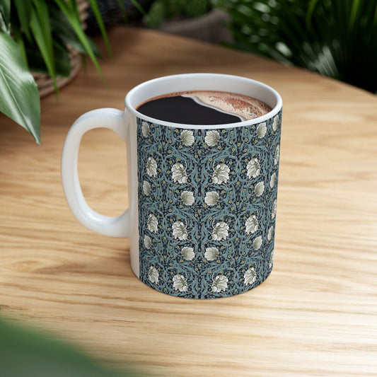 A ceramic mug with a floral pattern inspired by William Morris - Pimpernel Collection in a slate colour.
