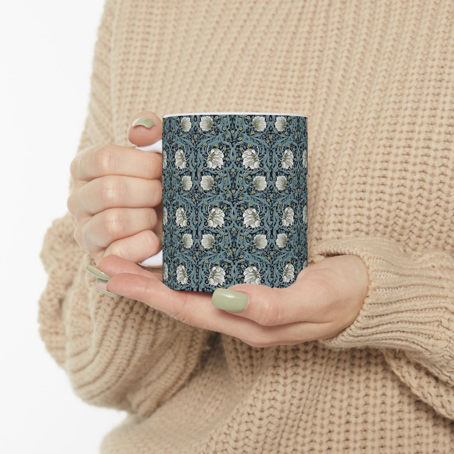 A ceramic mug with a floral pattern inspired by William Morris - Pimpernel Collection in a slate colour.