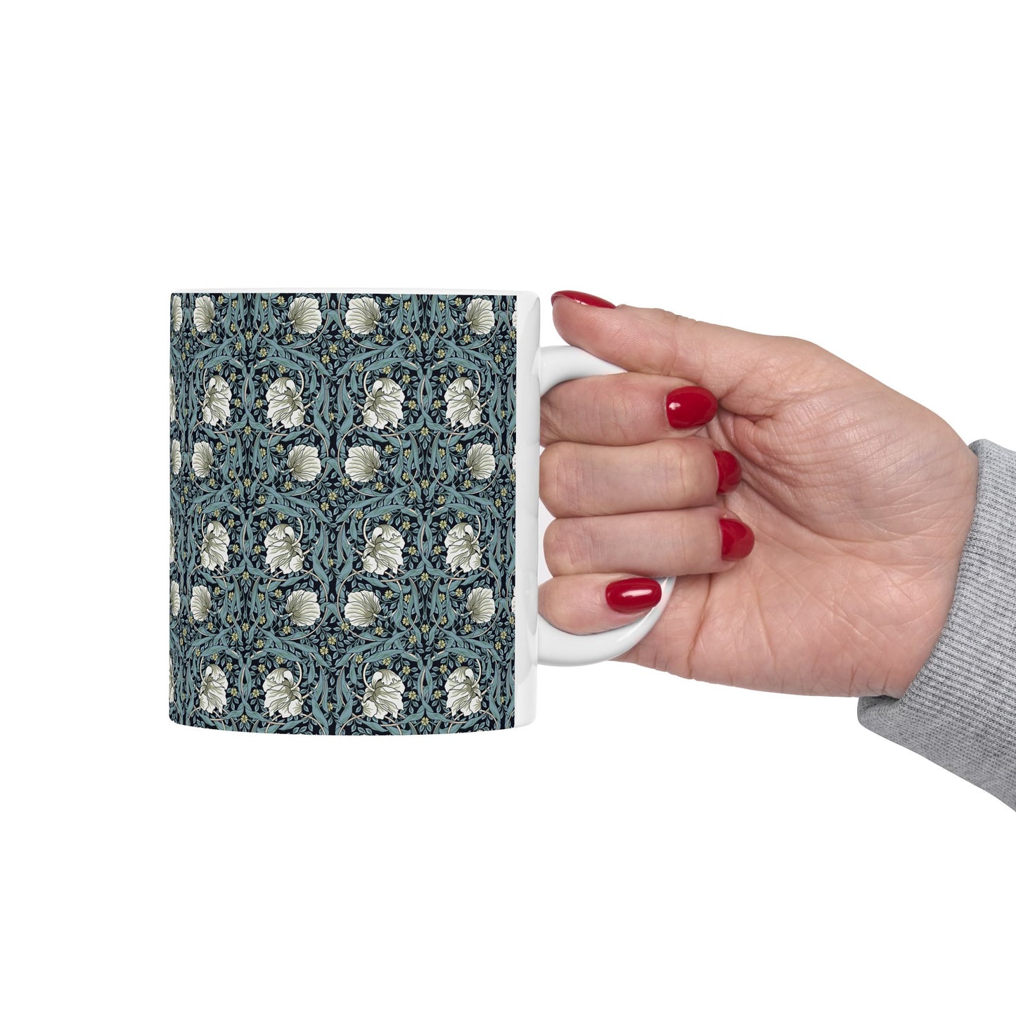 A ceramic mug with a floral pattern inspired by William Morris - Pimpernel Collection in a slate colour.