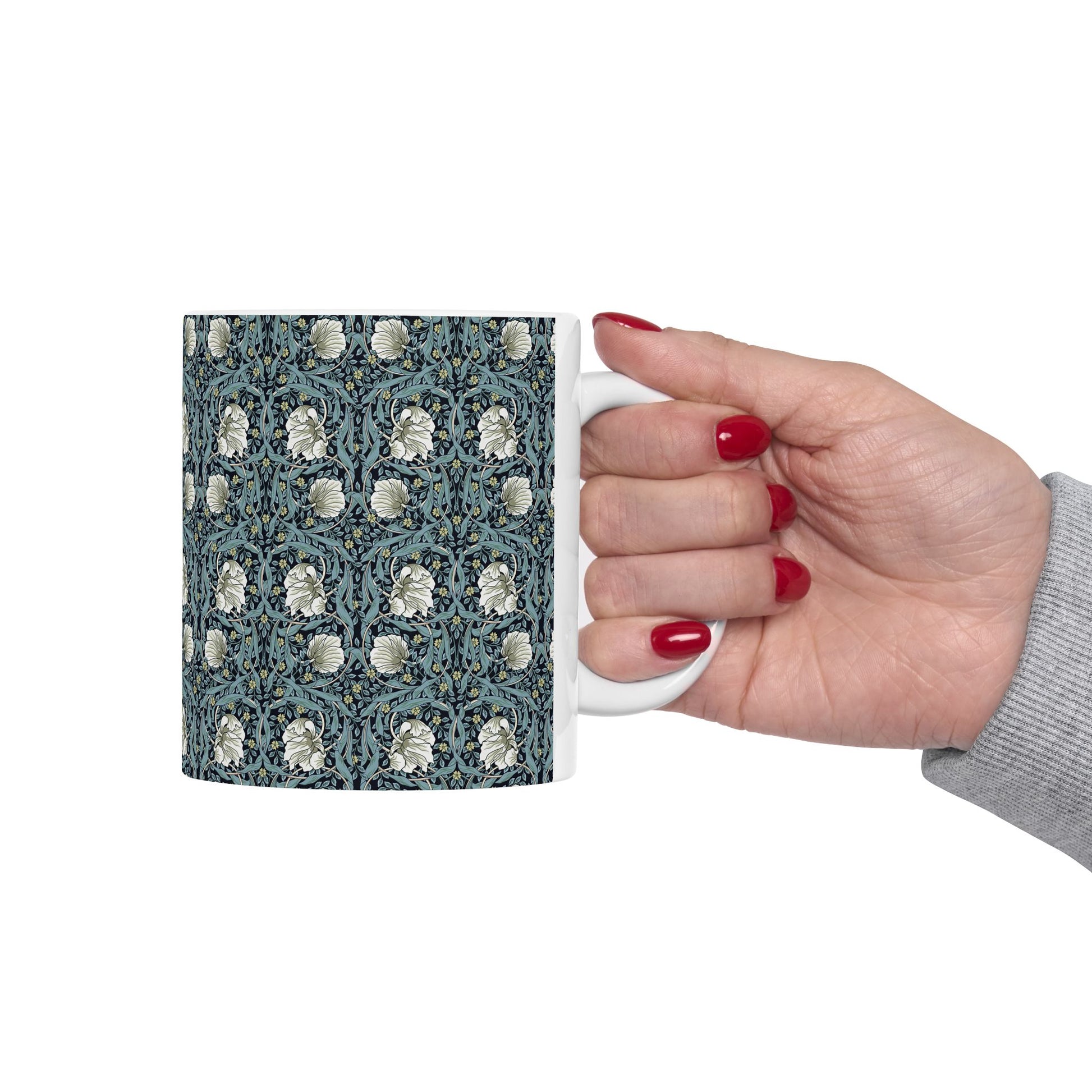 A ceramic mug with a floral pattern inspired by William Morris - Pimpernel Collection in a slate colour.