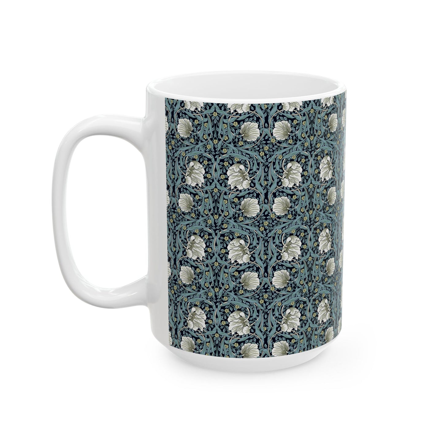 A ceramic mug with a floral pattern inspired by William Morris - Pimpernel Collection in a slate colour.