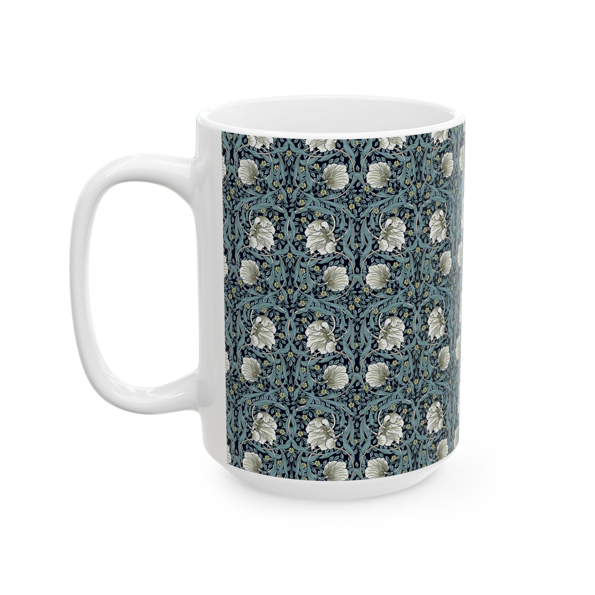 A ceramic mug with a floral pattern inspired by William Morris - Pimpernel Collection in a slate colour.
