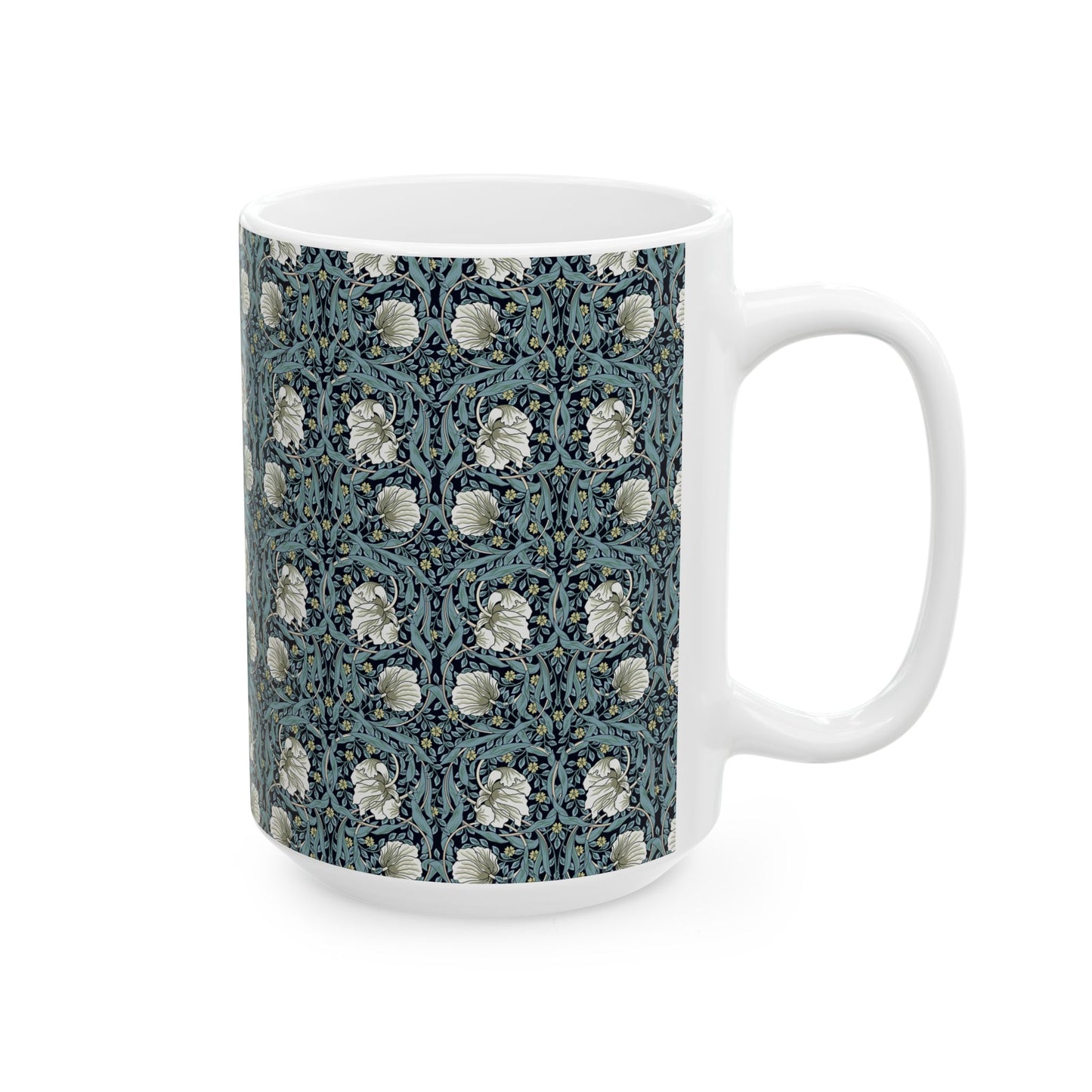 A ceramic mug with a floral pattern inspired by William Morris - Pimpernel Collection in a slate colour.