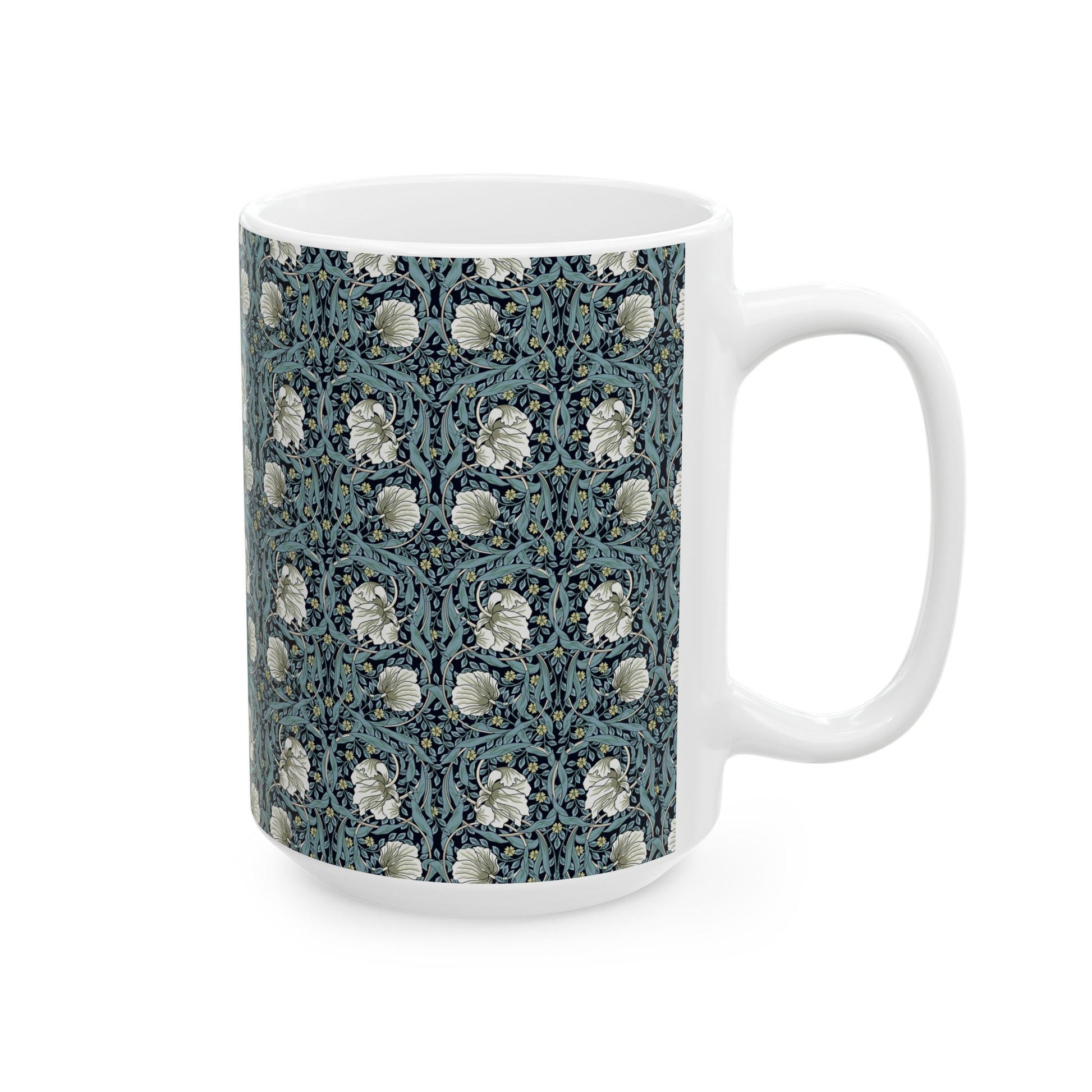 A ceramic mug with a floral pattern inspired by William Morris - Pimpernel Collection in a slate colour.