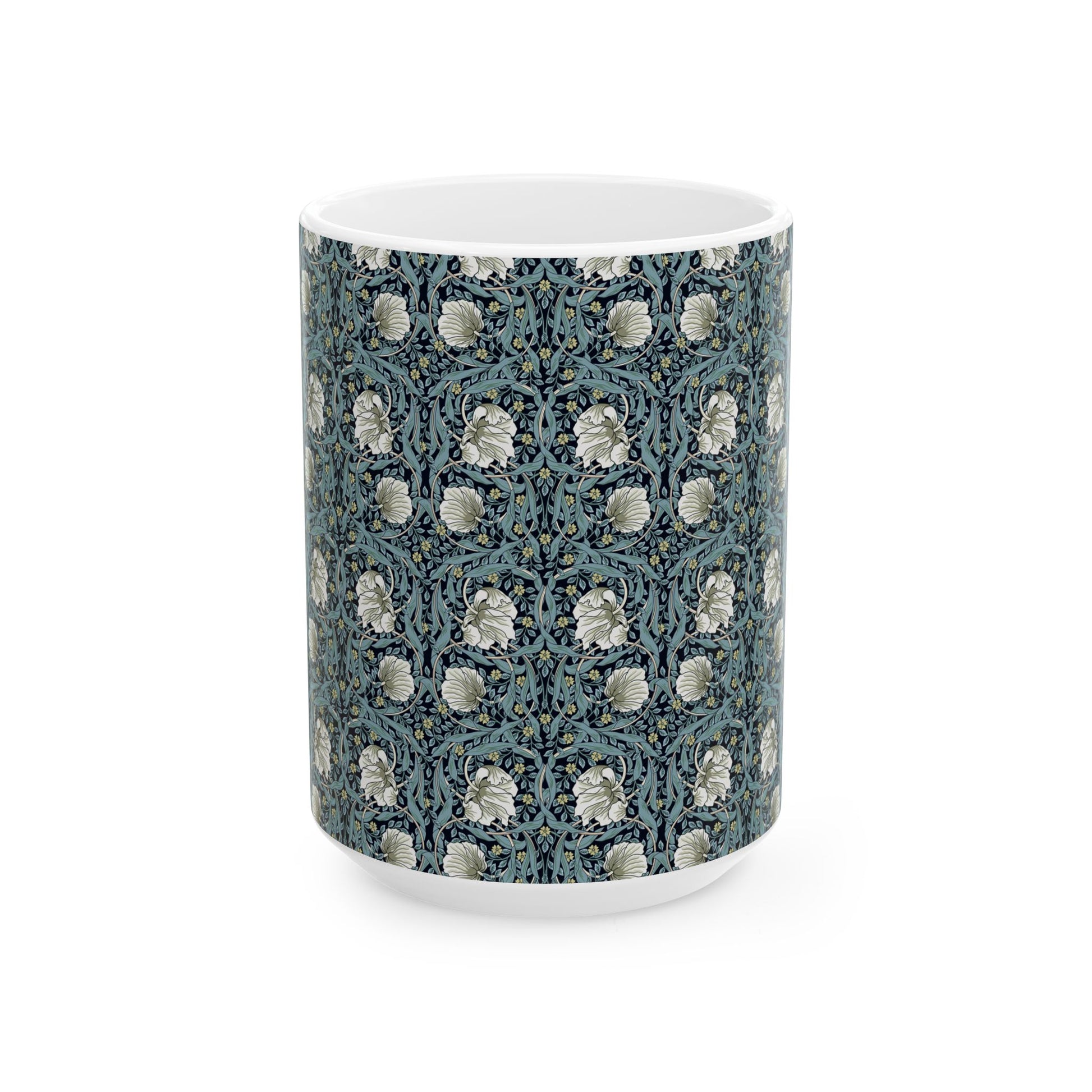A ceramic mug with a floral pattern inspired by William Morris - Pimpernel Collection in a slate colour.