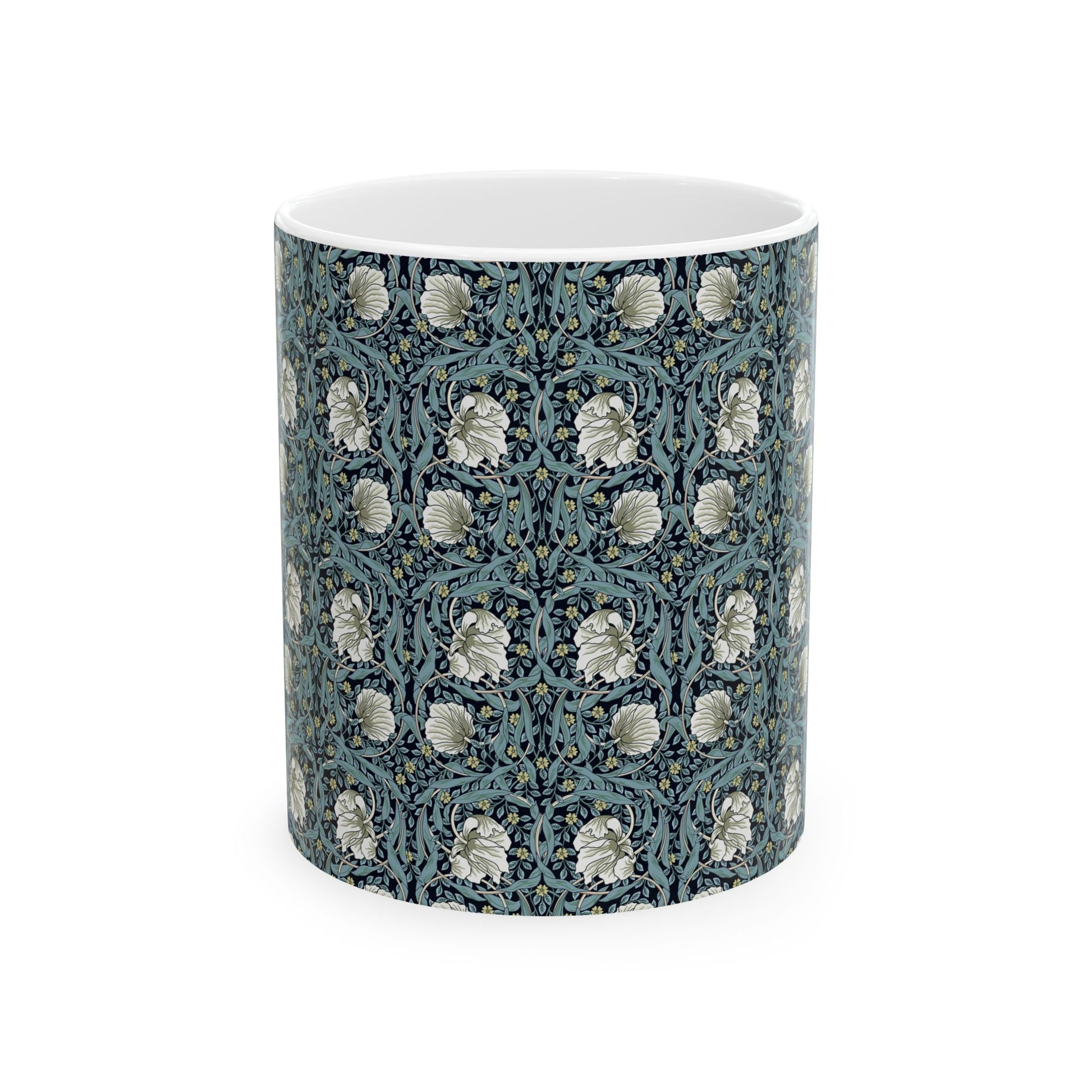 A ceramic mug with a floral pattern inspired by William Morris - Pimpernel Collection in a slate colour.
