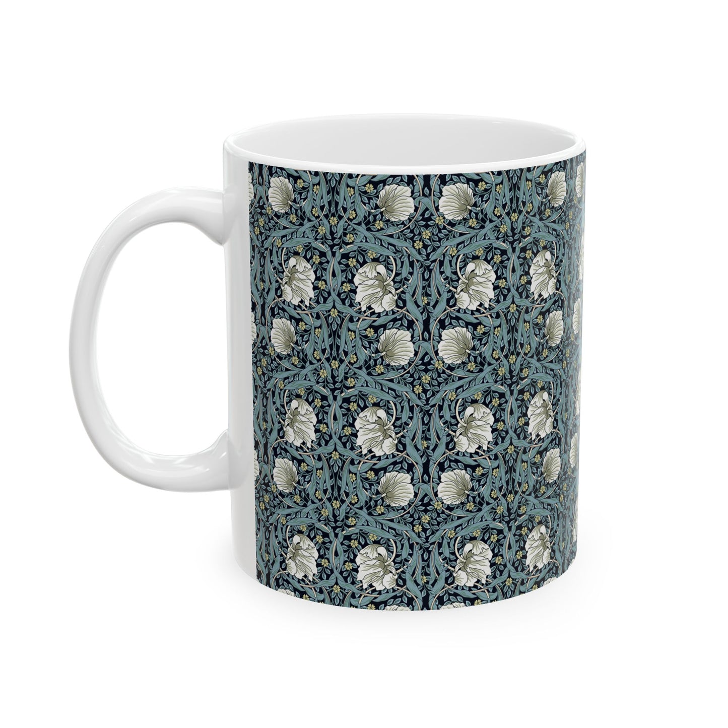 A ceramic mug with a floral pattern inspired by William Morris - Pimpernel Collection in a slate colour.