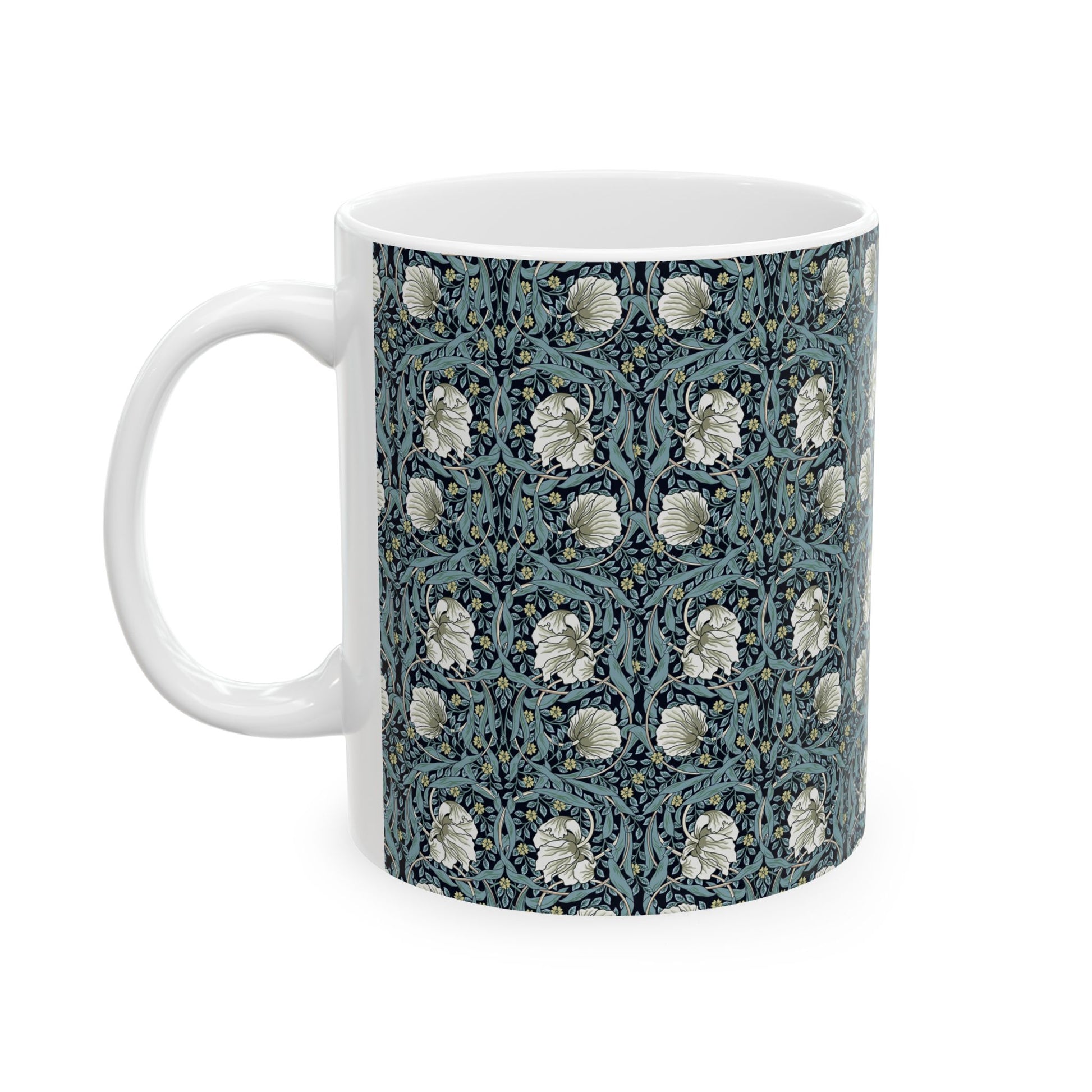 A ceramic mug with a floral pattern inspired by William Morris - Pimpernel Collection in a slate colour.