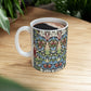 A ceramic mug with a floral and geometric pattern inspired by William Morris  & Co in a floral pattern called Snakeshead Collection.