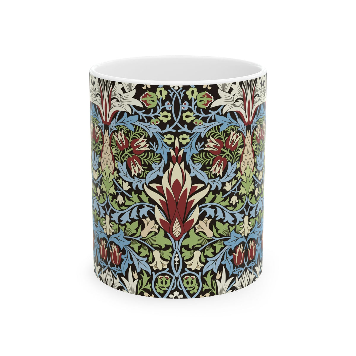 A ceramic mug with a floral and geometric pattern inspired by William Morris  & Co in a floral pattern called Snakeshead Collection.