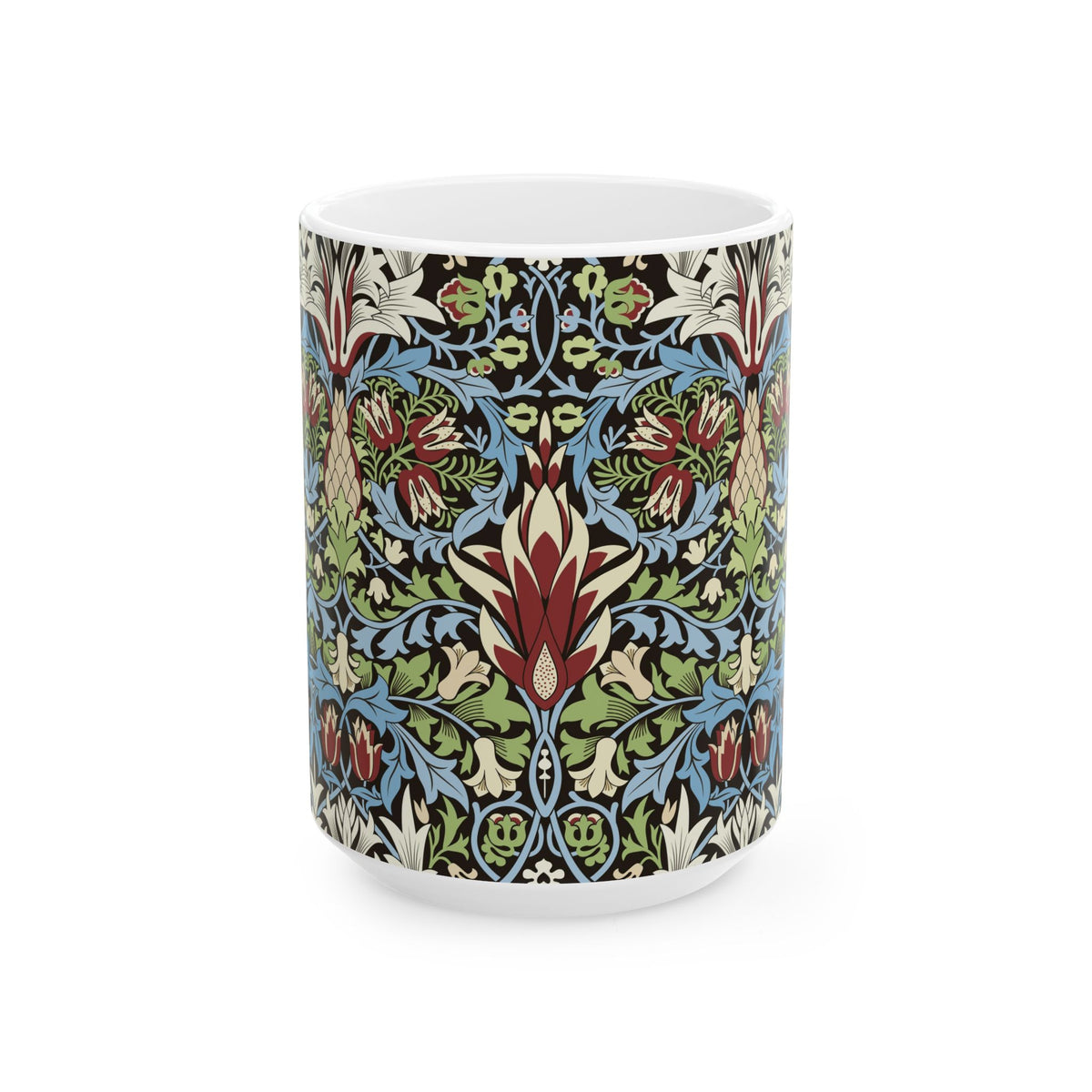 A ceramic mug with a floral and geometric pattern inspired by William Morris  & Co in a floral pattern called Snakeshead Collection.