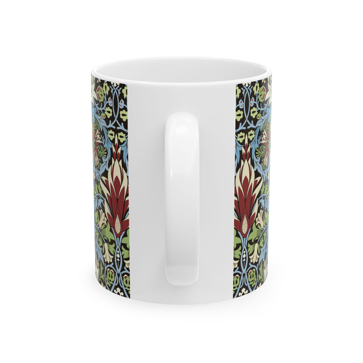 A ceramic mug with a floral and geometric pattern inspired by William Morris  & Co in a floral pattern called Snakeshead Collection.