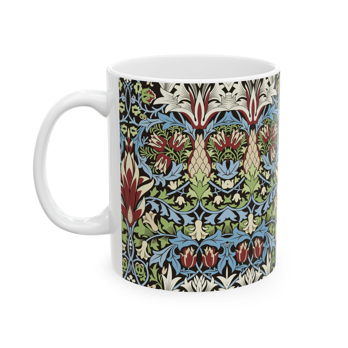 A ceramic mug with a floral and geometric pattern inspired by William Morris  & Co in a floral pattern called Snakeshead Collection.