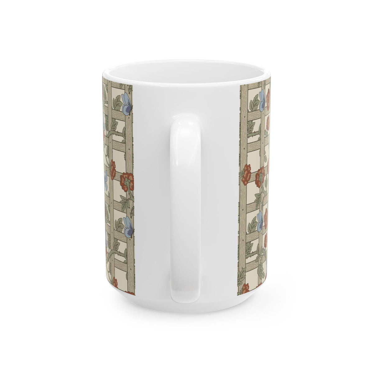A white ceramic mug with a vertical wrap-around print featuring a vintage-style floral trellis pattern in muted red, blue, green, and beige tones, shown on a clean white background.