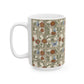 A white ceramic mug featuring a vintage-style Art Nouveau floral trellis pattern with red flowers, green leaves, and blue butterflies on a beige background.