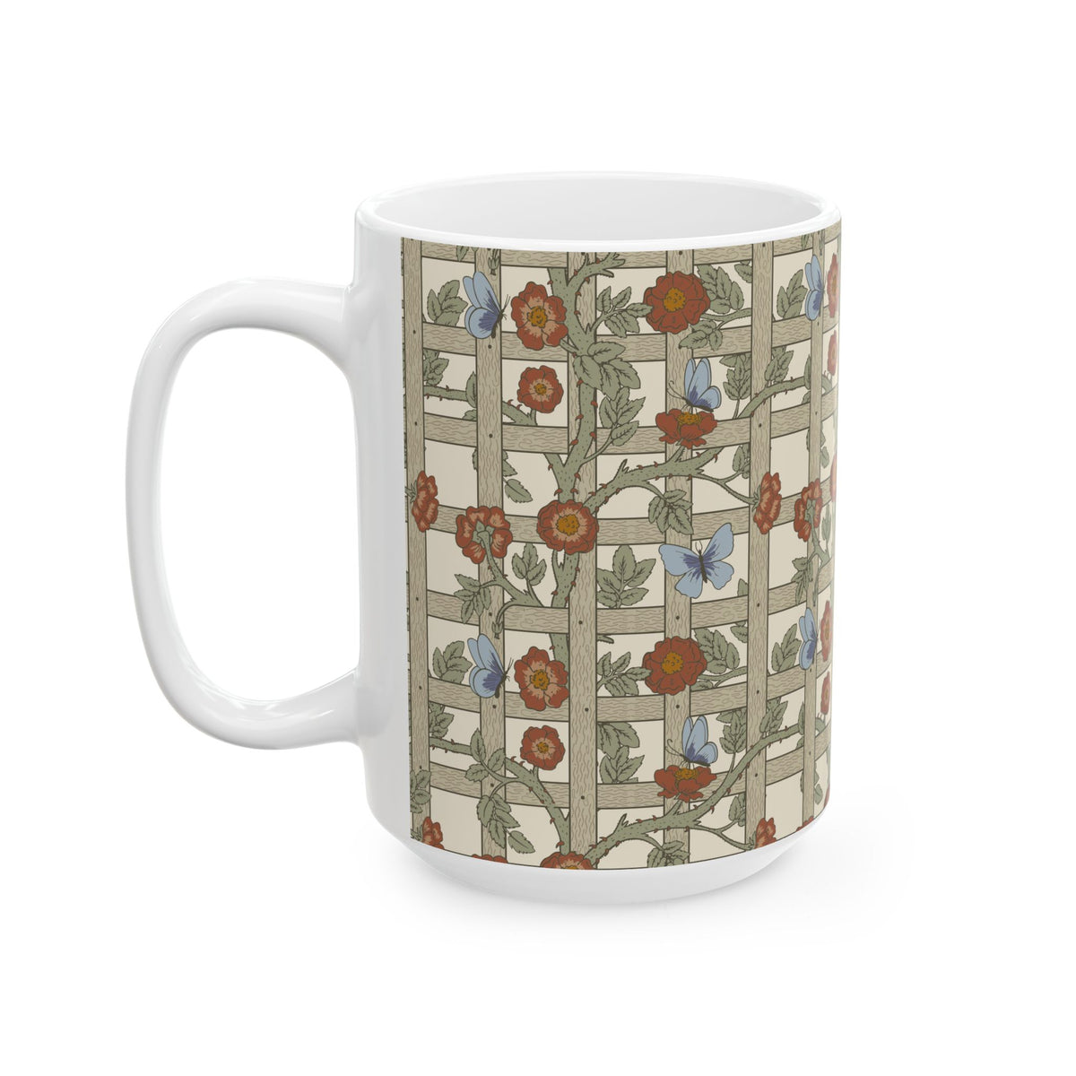 A white ceramic mug featuring a vintage-style Art Nouveau floral trellis pattern with red flowers, green leaves, and blue butterflies on a beige background.