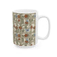 A white ceramic mug featuring a vintage-style floral trellis pattern with red flowers, green leaves, and blue butterflies on a beige background.