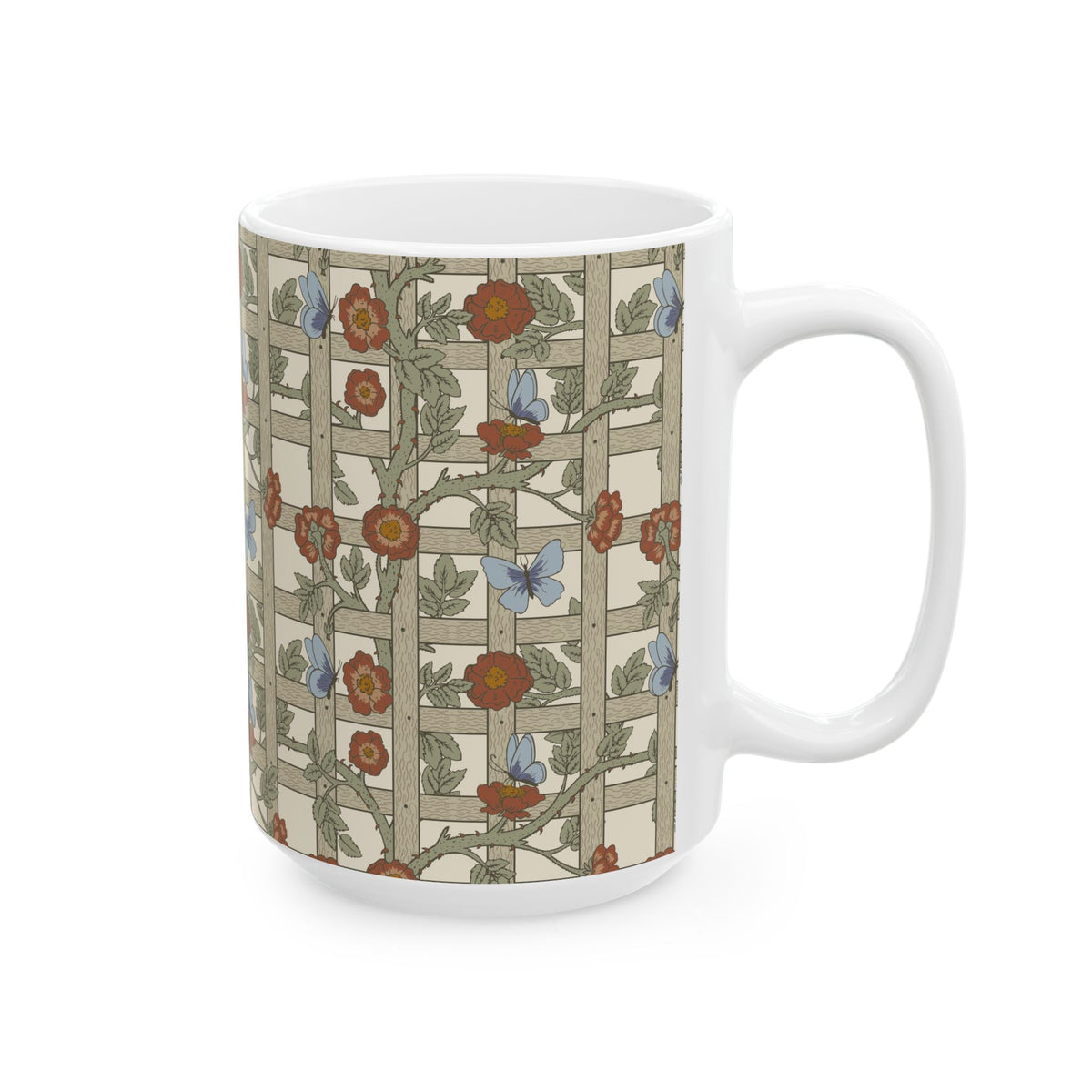 A white ceramic mug featuring a vintage-style floral trellis pattern with red flowers, green leaves, and blue butterflies on a beige background.