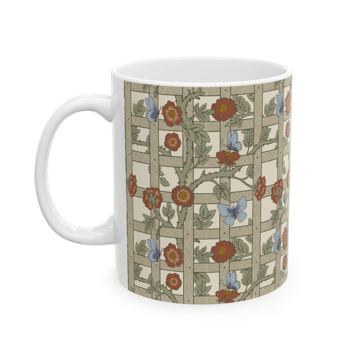 A white ceramic mug featuring a vintage-style floral trellis pattern with red flowers, green vines, and blue butterflies on a beige background.