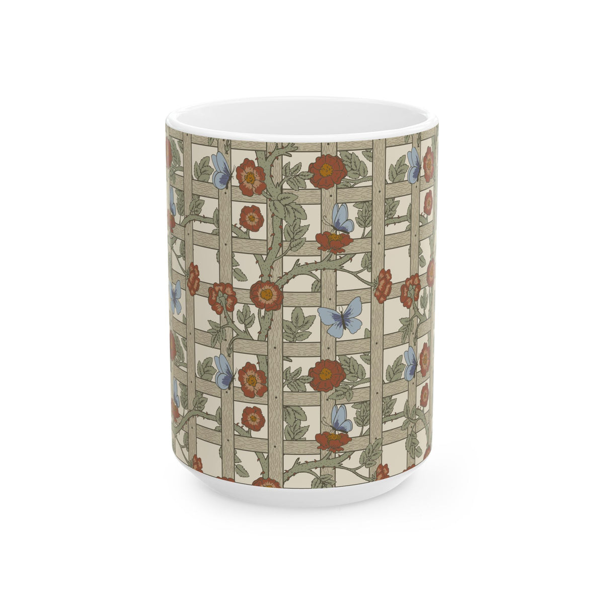 A white ceramic mug featuring a vintage-style floral trellis pattern with red-orange flowers, blue butterflies, and green leaves on a beige background.