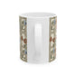 A white ceramic coffee mug featuring a vintage-style floral trellis pattern printed on the sides, shown against a plain white background.