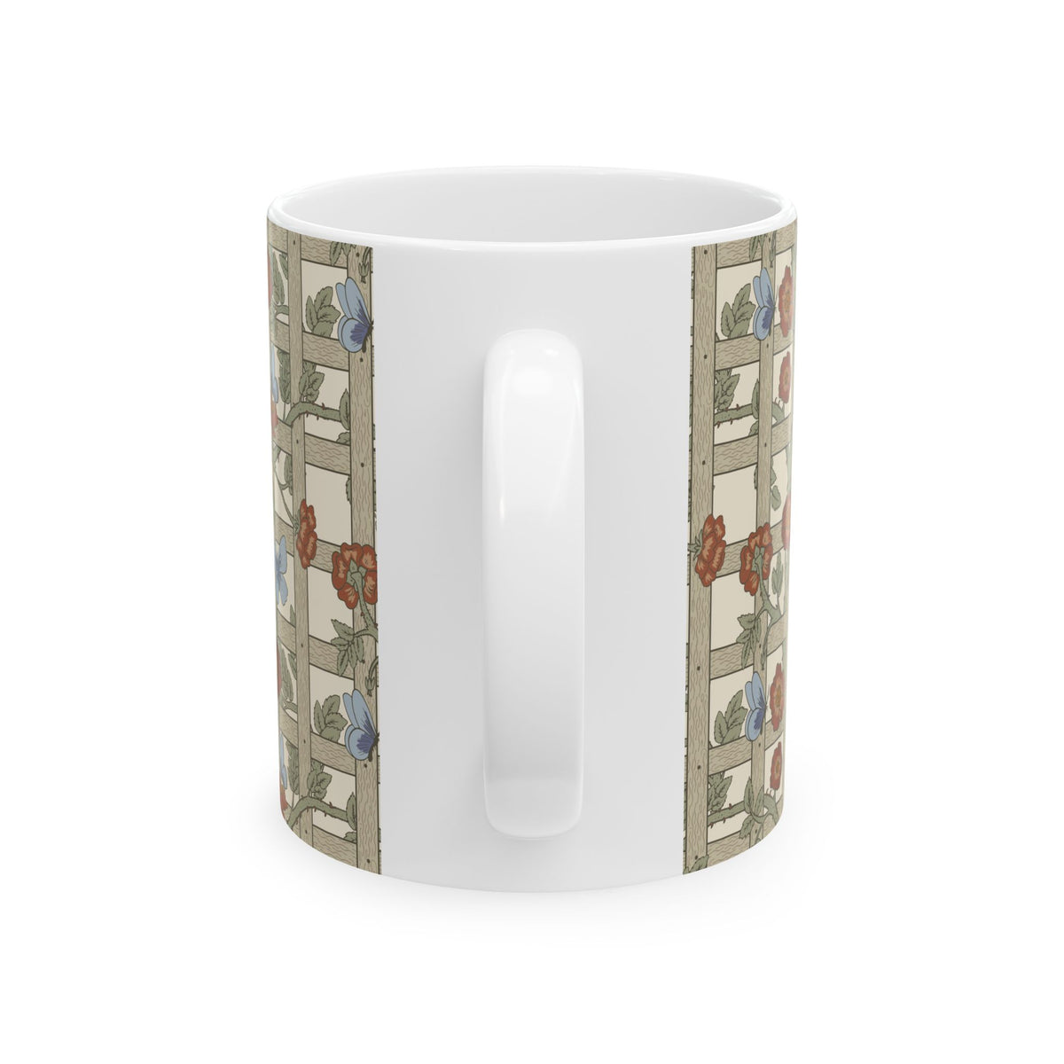 A white ceramic coffee mug featuring a vintage-style floral trellis pattern printed on the sides, shown against a plain white background.