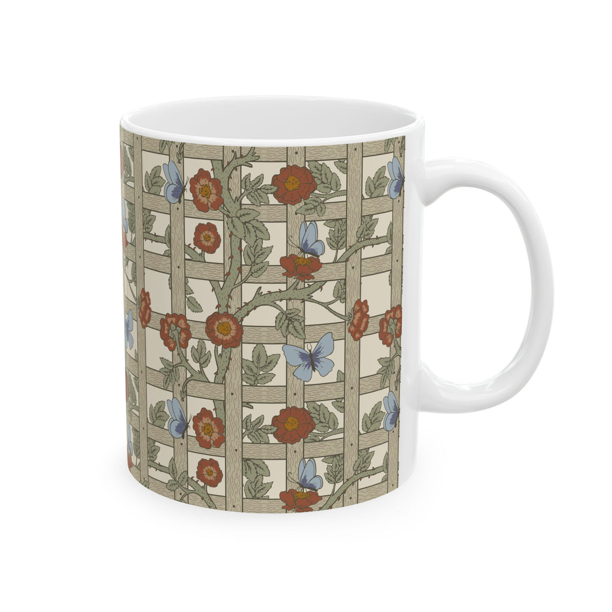 A white ceramic mug featuring a vintage-style floral trellis pattern with red flowers, green leaves, and blue butterflies on a beige background.