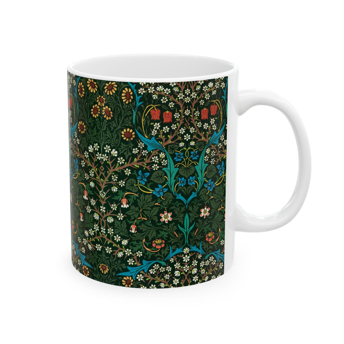 A ceramic mug with a floral pattern inspired by William Morris - Tulip Collection in red color.