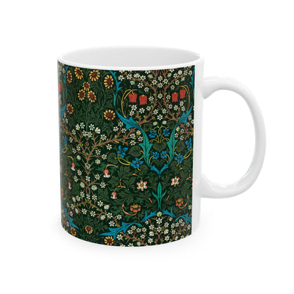 A ceramic mug with a floral pattern inspired by William Morris - Tulip Collection in red color.