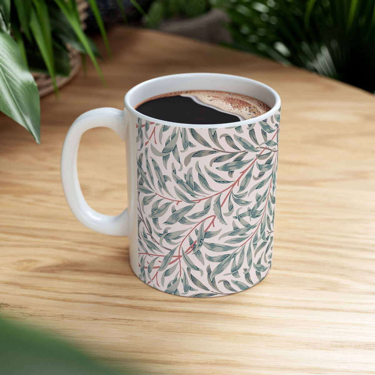Ceramic Mug designed by William Morris & Co in a green and white floral pattern called Willow Bough Collection