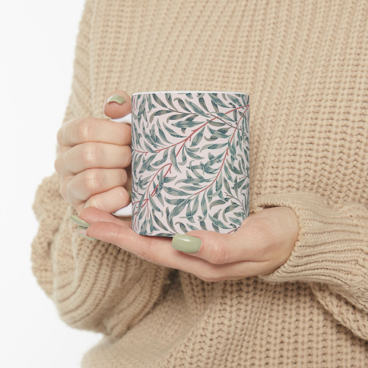 Ceramic Mug designed by William Morris & Co in a green and white floral pattern called Willow Bough Collection