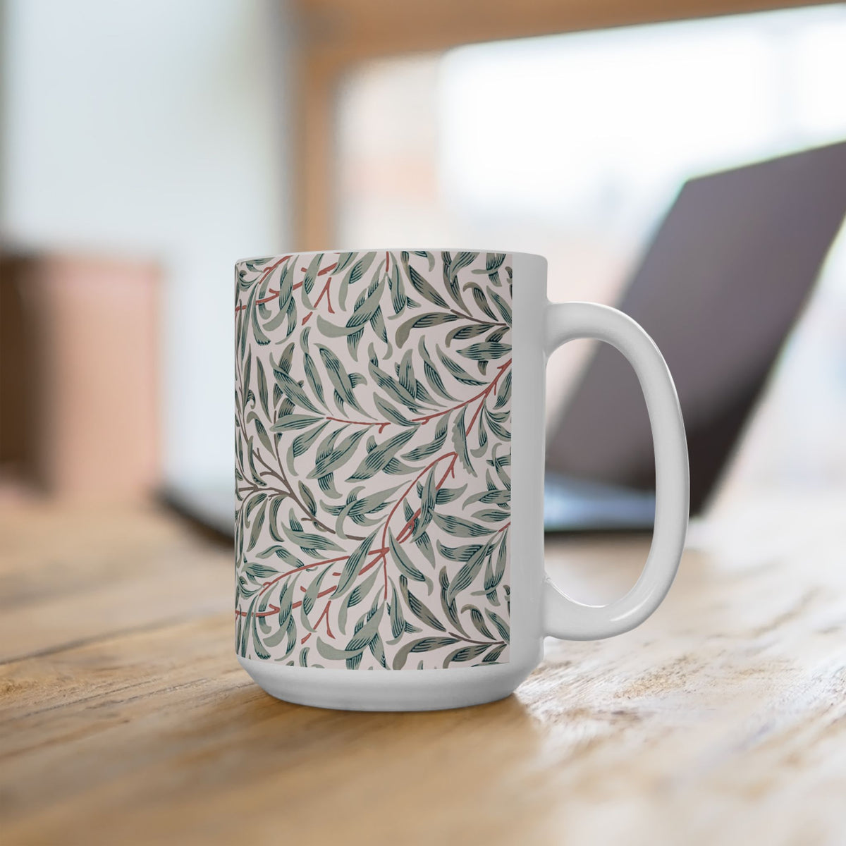 Ceramic Mug designed by William Morris & Co in a green and white floral pattern called Willow Bough Collection