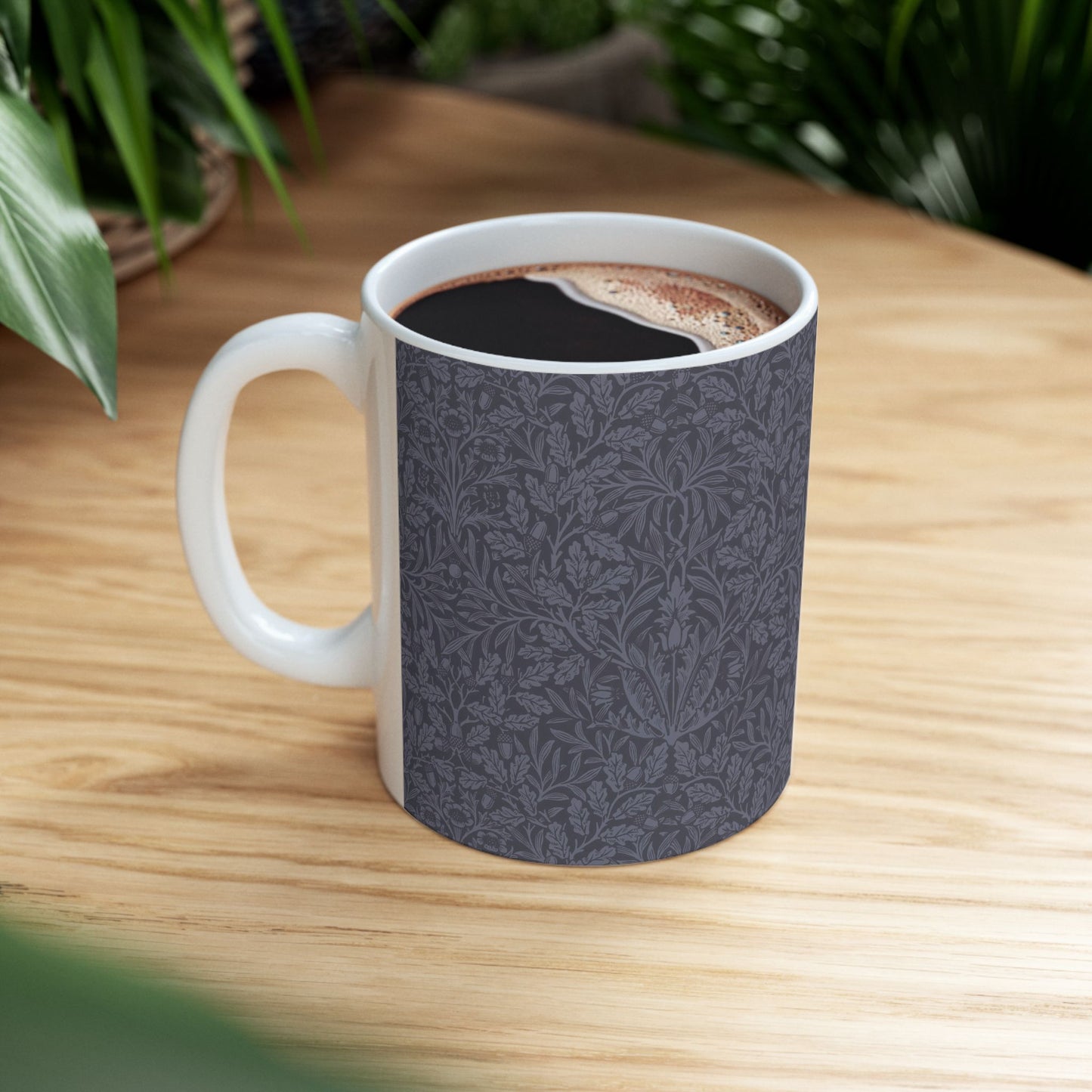 Ceramic Mug in an Arts & crafts pattern by William Morris  & Co called Acorns & Oak Leaves Collection in Smoky Blue.