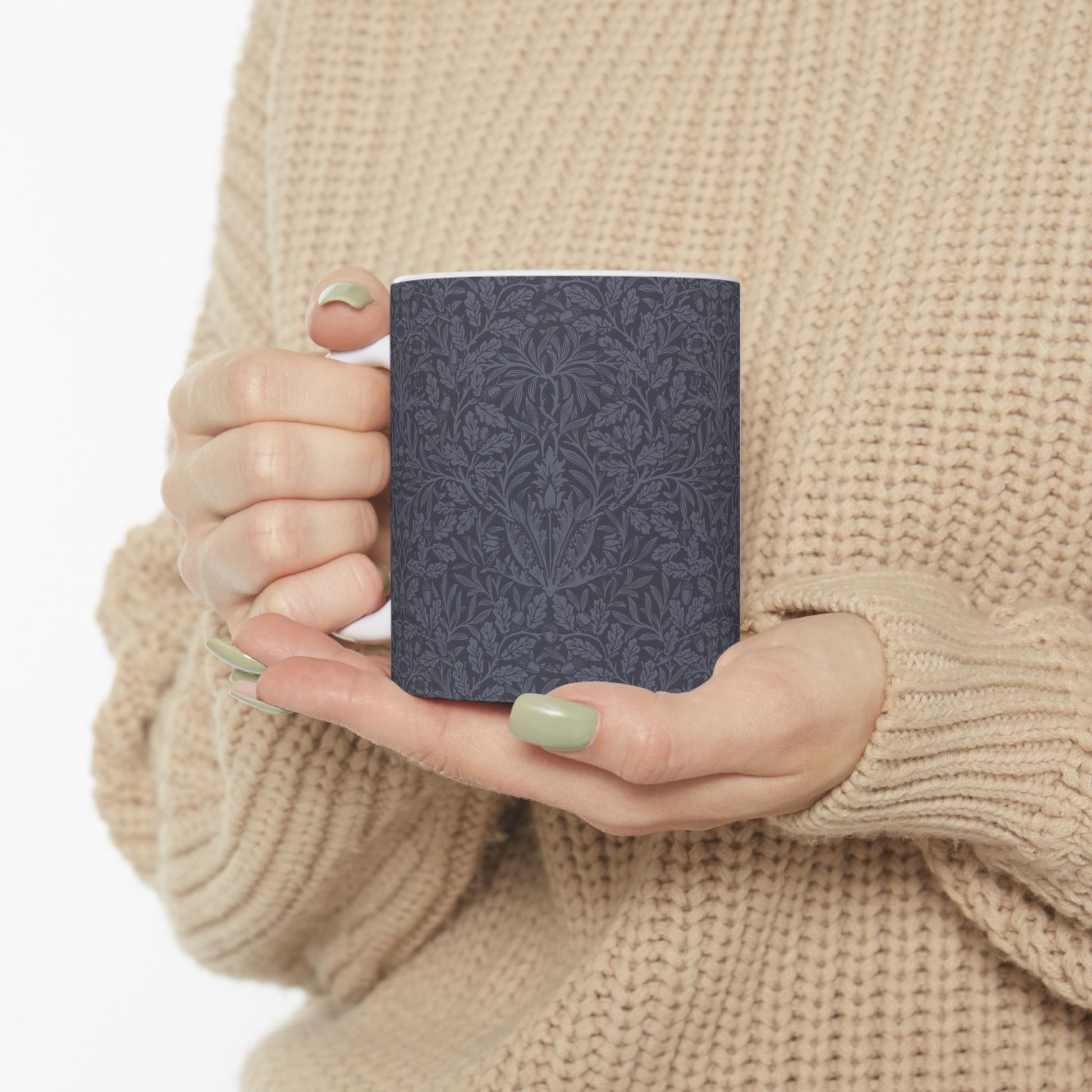 Ceramic Mug in an Arts & crafts pattern by William Morris  & Co called Acorns & Oak Leaves Collection in Smoky Blue.