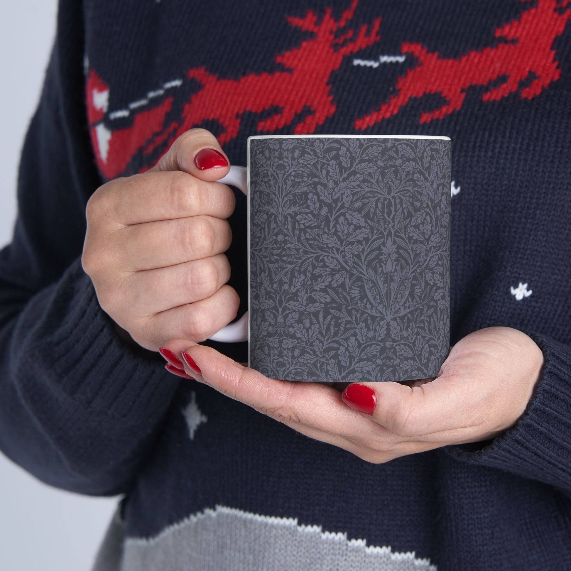 Ceramic Mug in an Arts & crafts pattern by William Morris  & Co called Acorns & Oak Leaves Collection in Smoky Blue.