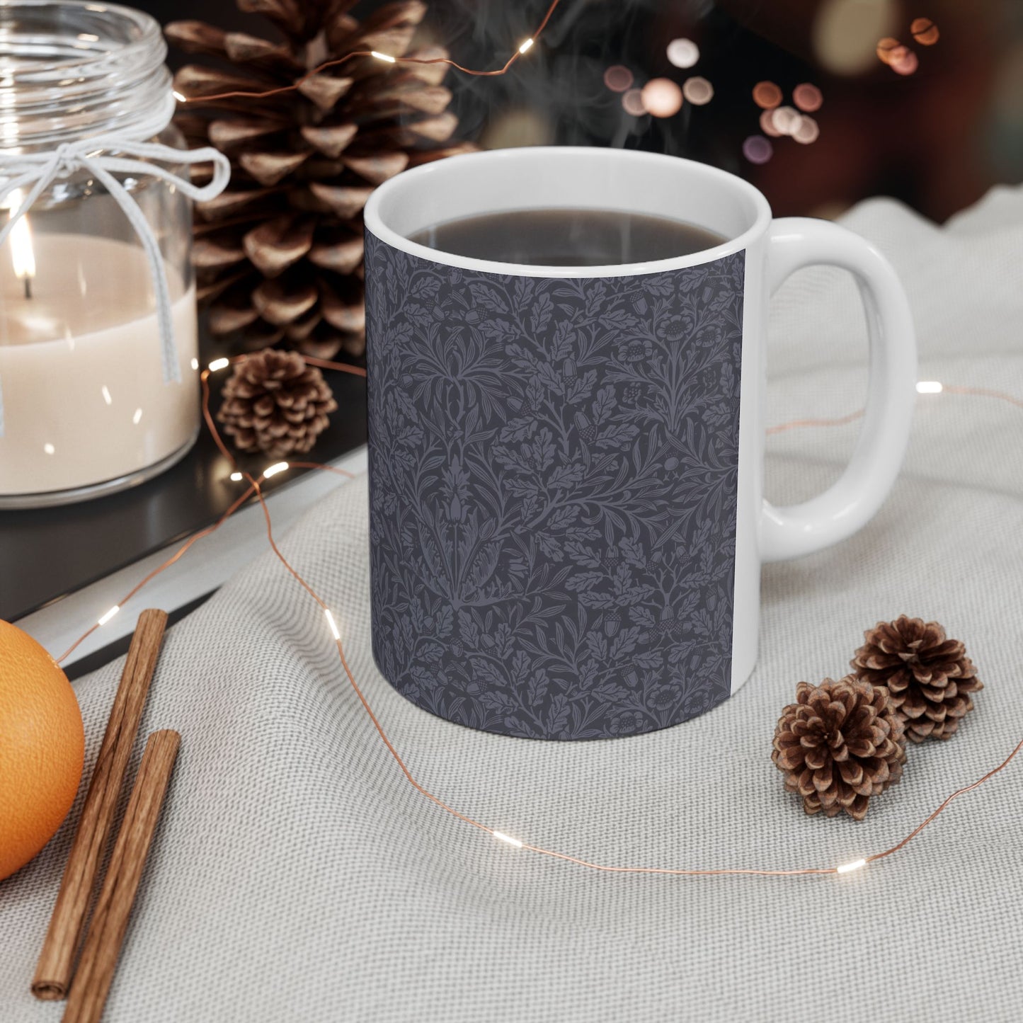 Ceramic Mug in an Arts & crafts pattern by William Morris  & Co called Acorns & Oak Leaves Collection in Smoky Blue.