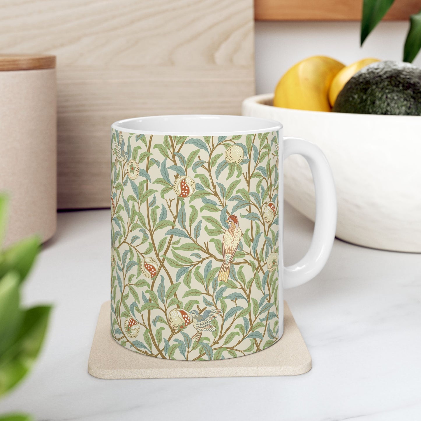 Ceramic Mug inspired in an Arts & Crafts pattern by William Morris & Co. called Bird & Pomegranate Collection (Parchment)