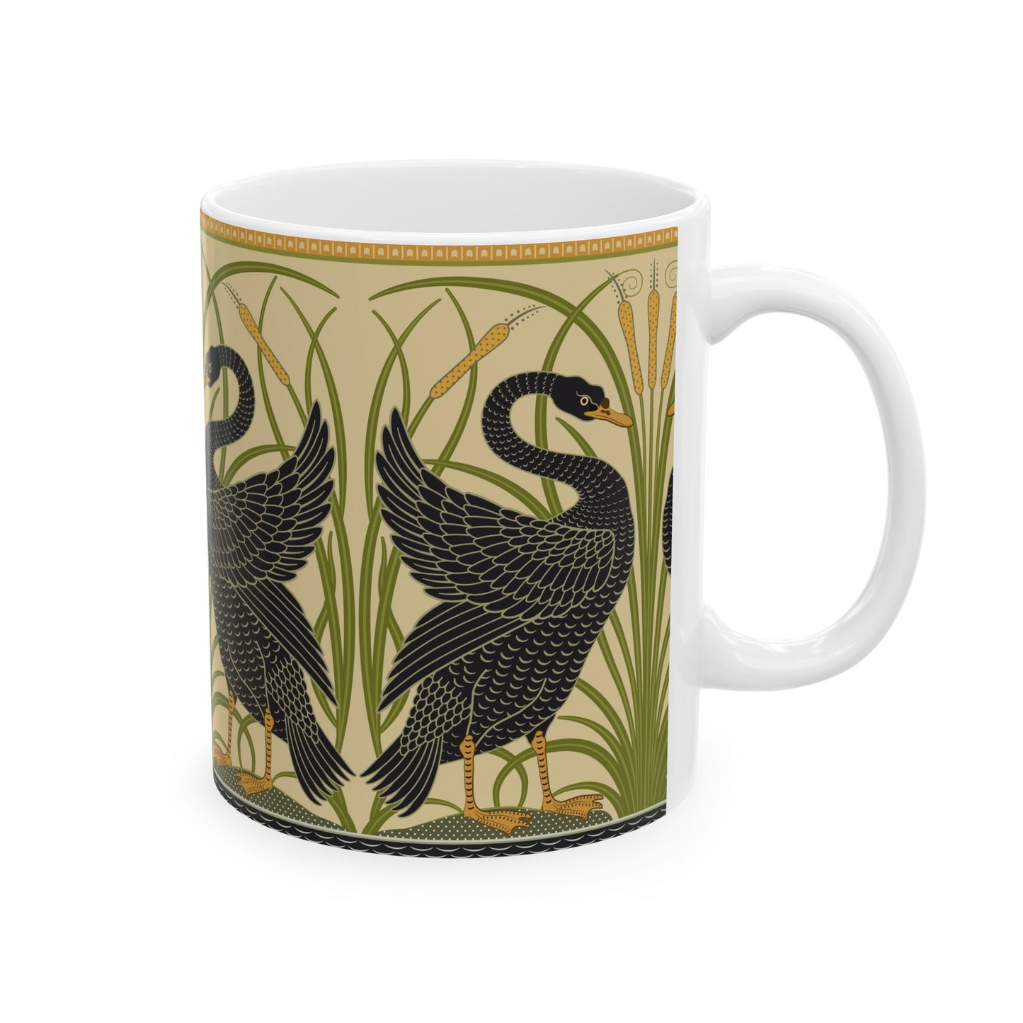 Ceramic Mug in an Arts & Crafts pattern inspired by William Morris & Co with a pattern by Walter Crane called Black Swan Collection (Cygnus Aatratus)