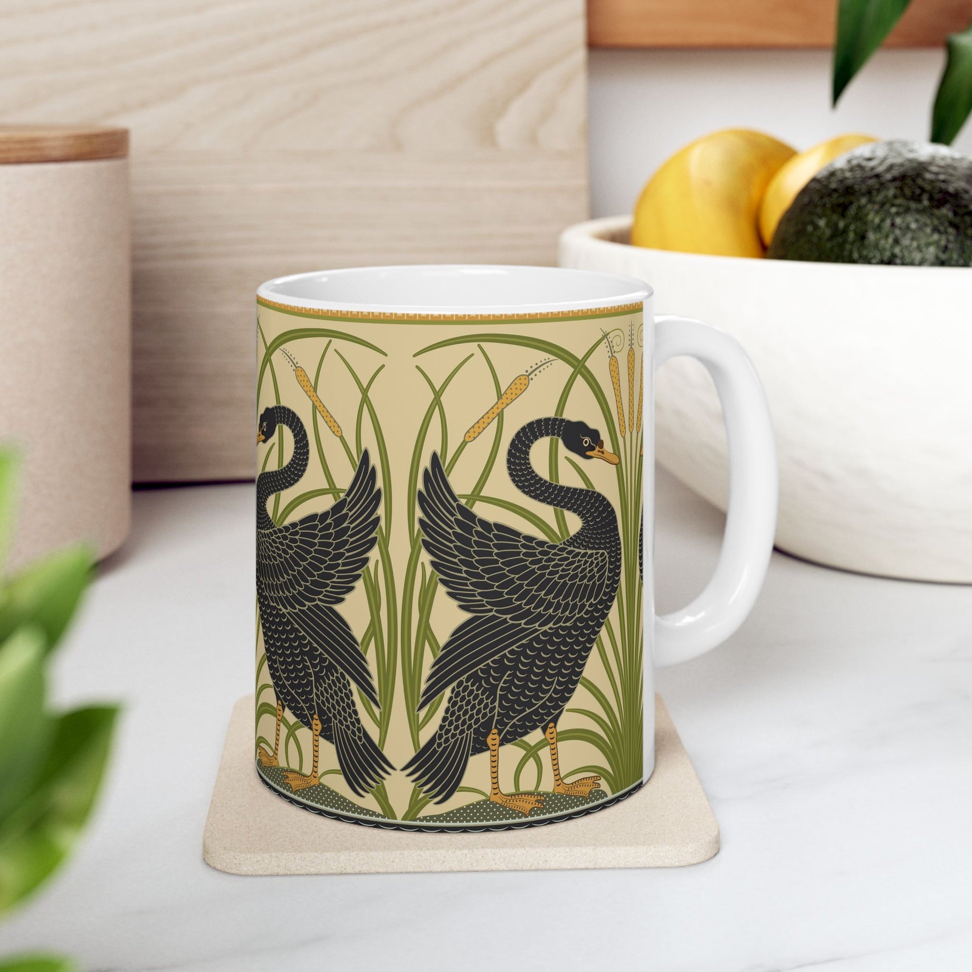 Ceramic Mug in an Arts & Crafts pattern inspired by William Morris & Co with a pattern by Walter Crane called Black Swan Collection (Cygnus Aatratus)