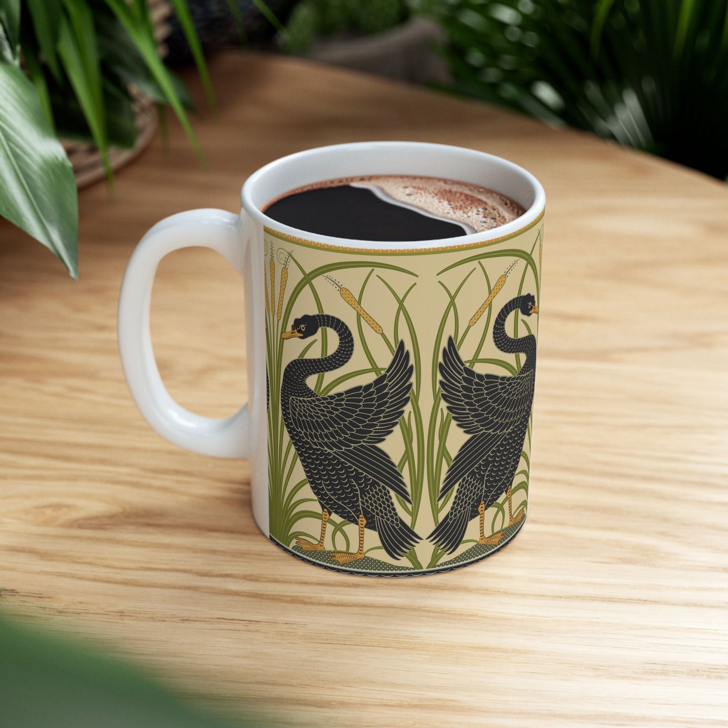 Ceramic Mug in an Arts & Crafts pattern inspired by William Morris & Co with a pattern by Walter Crane called Black Swan Collection (Cygnus Aatratus)