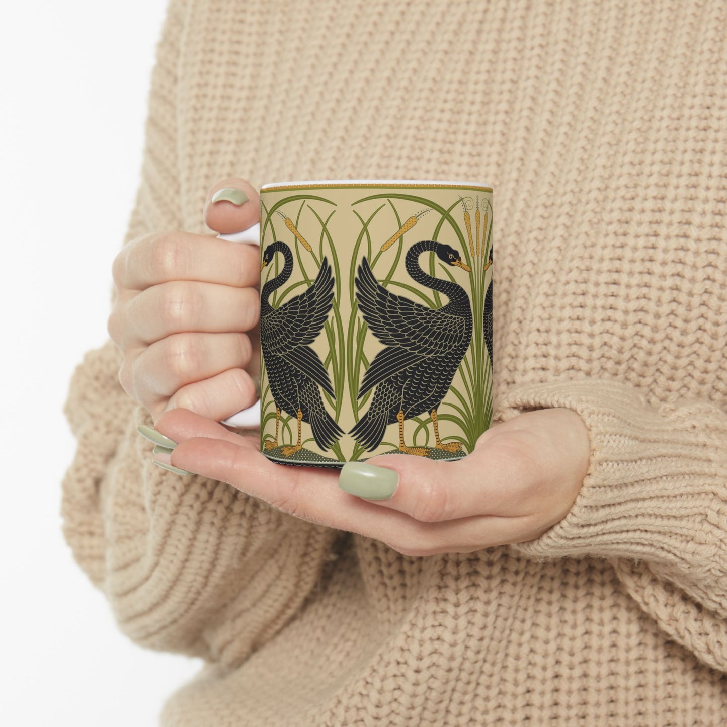 Ceramic Mug in an Arts & Crafts pattern inspired by William Morris & Co with a pattern by Walter Crane called Black Swan Collection (Cygnus Aatratus)