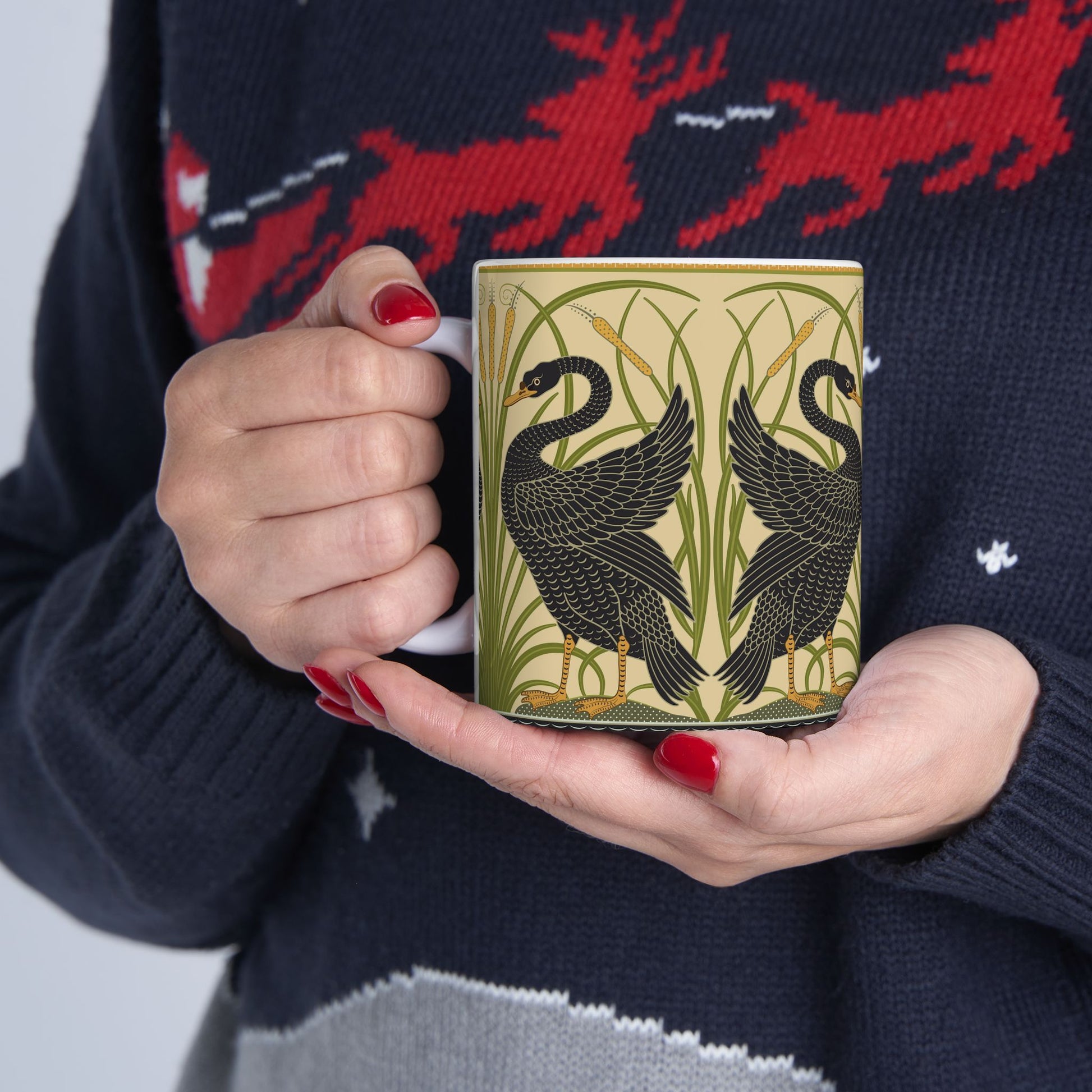 Ceramic Mug in an Arts & Crafts pattern inspired by William Morris & Co with a pattern by Walter Crane called Black Swan Collection (Cygnus Aatratus)
