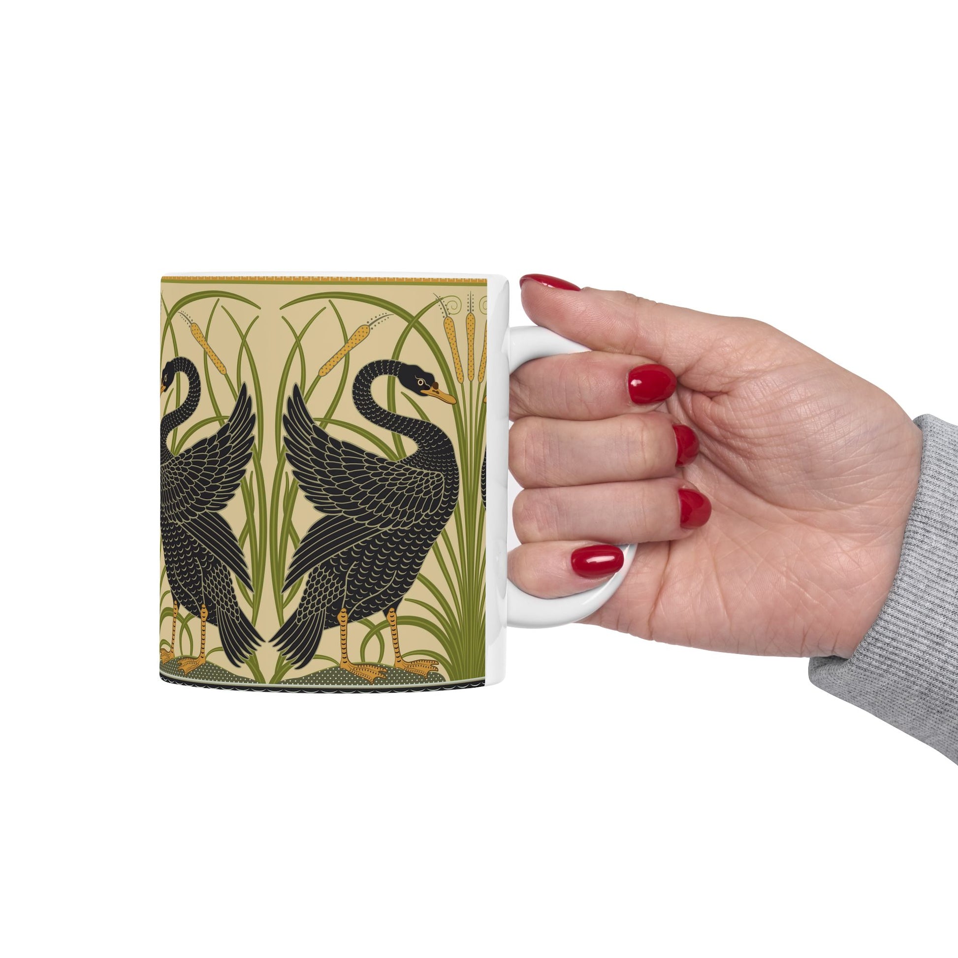 Ceramic Mug in an Arts & Crafts pattern inspired by William Morris & Co with a pattern by Walter Crane called Black Swan Collection (Cygnus Aatratus)
