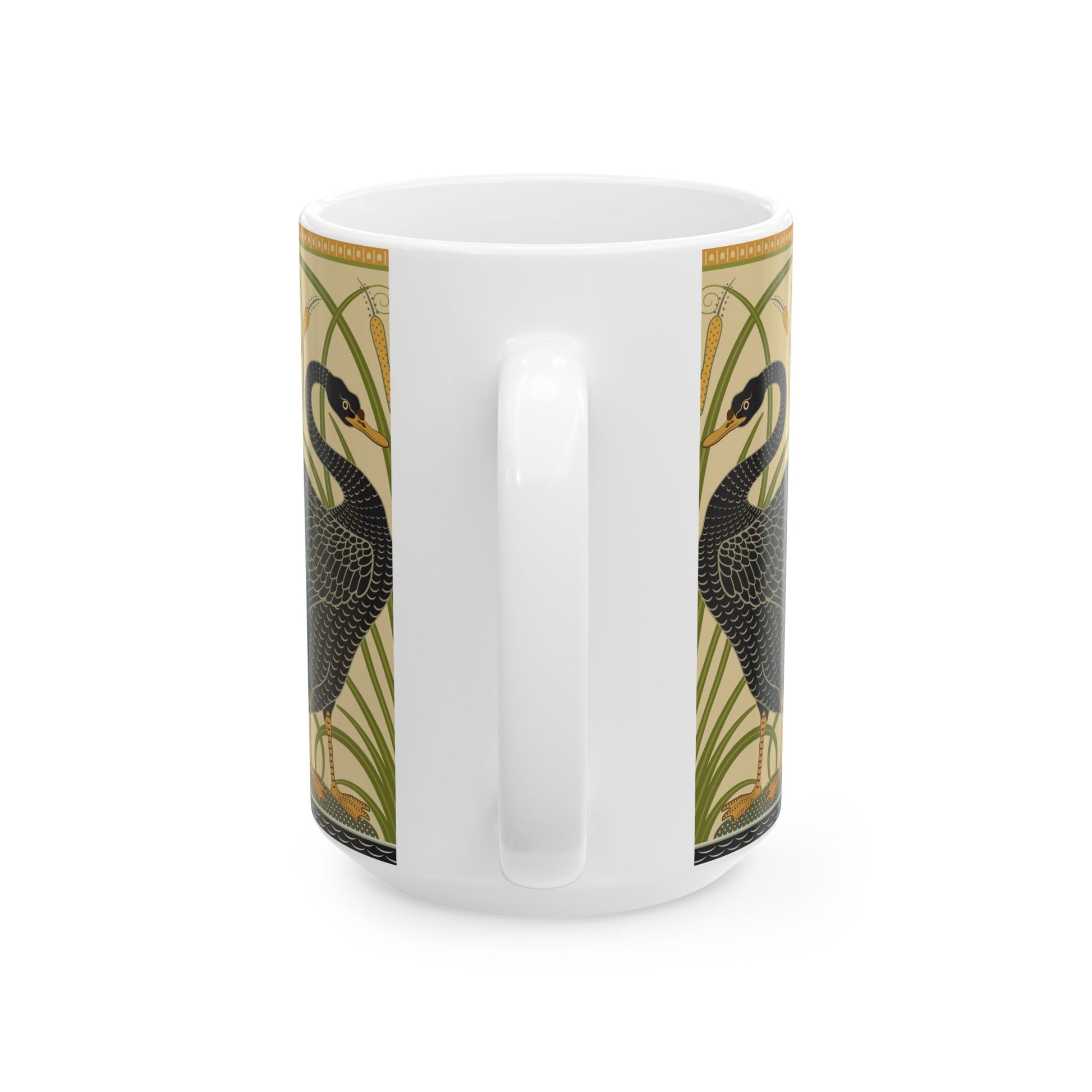 Ceramic Mug in an Arts & Crafts pattern inspired by William Morris & Co with a pattern by Walter Crane called Black Swan Collection (Cygnus Aatratus)